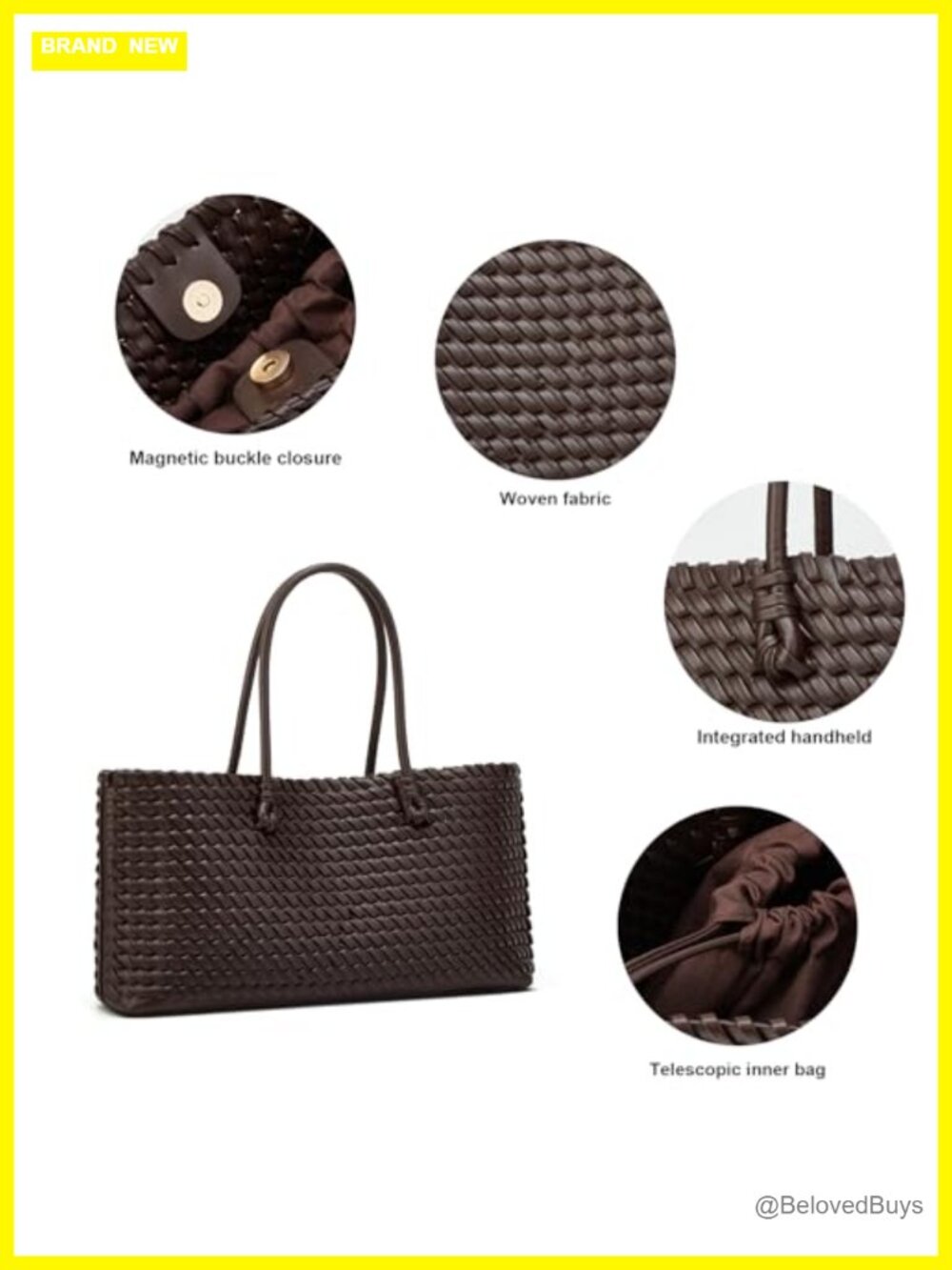 Large Vegan Leather Woven Tote Bag for Work Travel Crossbody - Picture 2 of 6